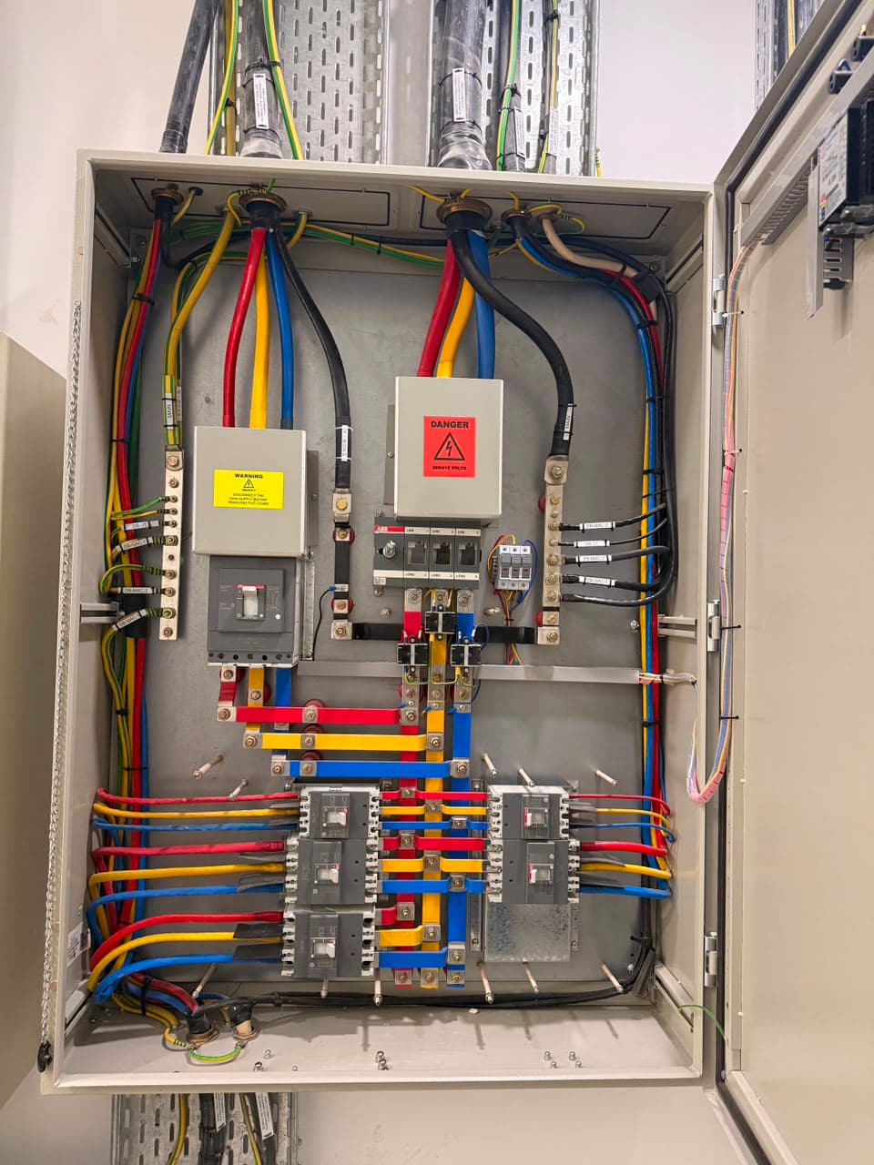 Contactors and breaker banks inside the board