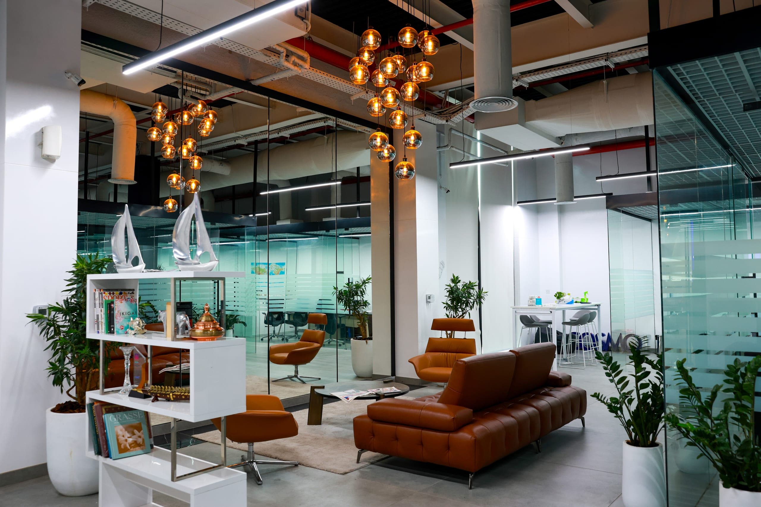 Soft seating and a low table on a poured floor