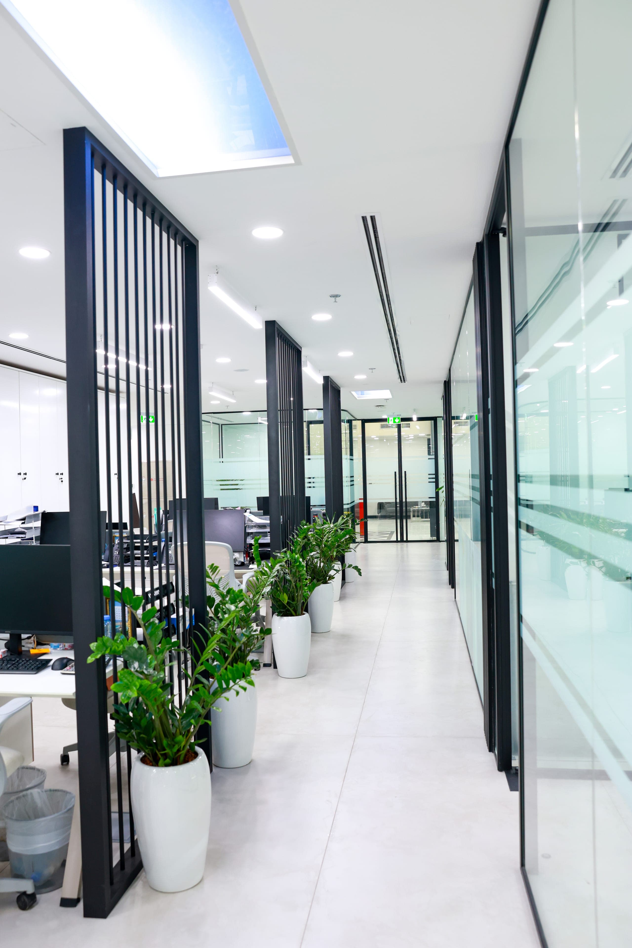 A glazed corridor with planting at the threshold