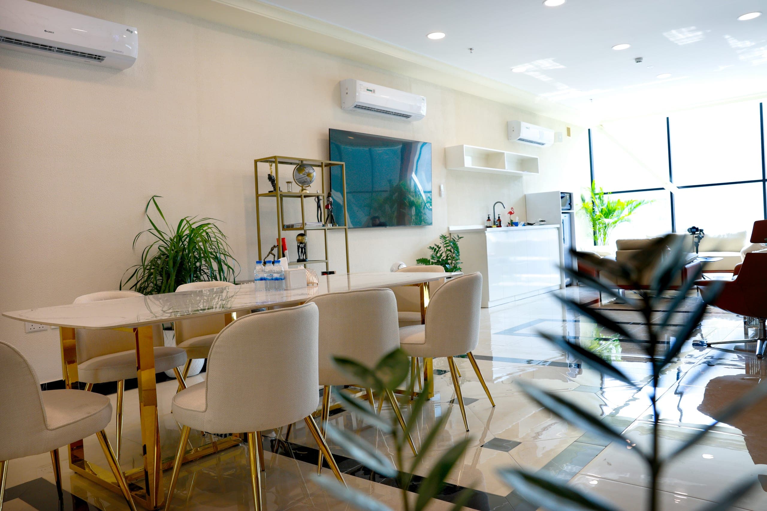 A small meeting room with wall-mounted cooling