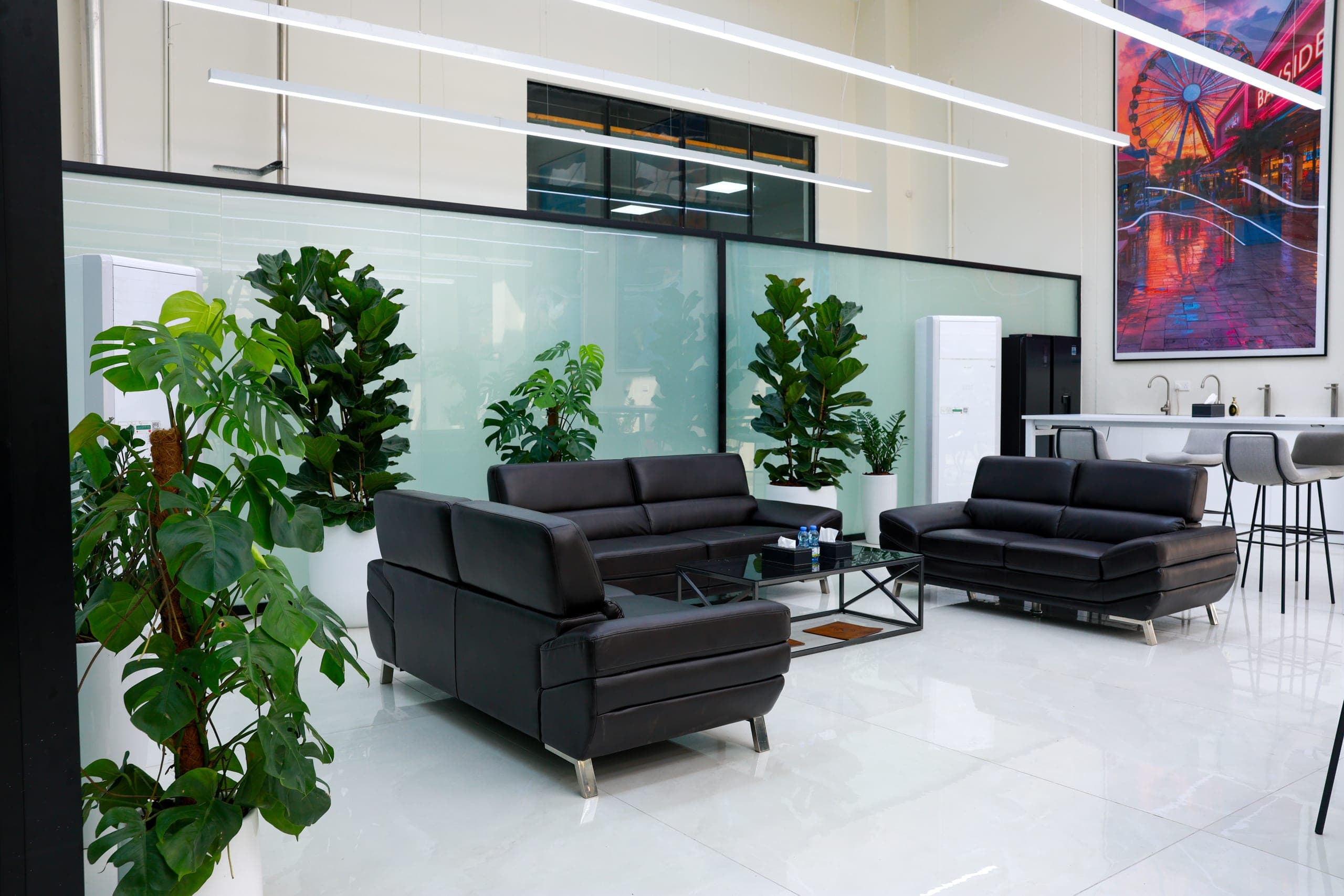 Seating and planting on a polished floor